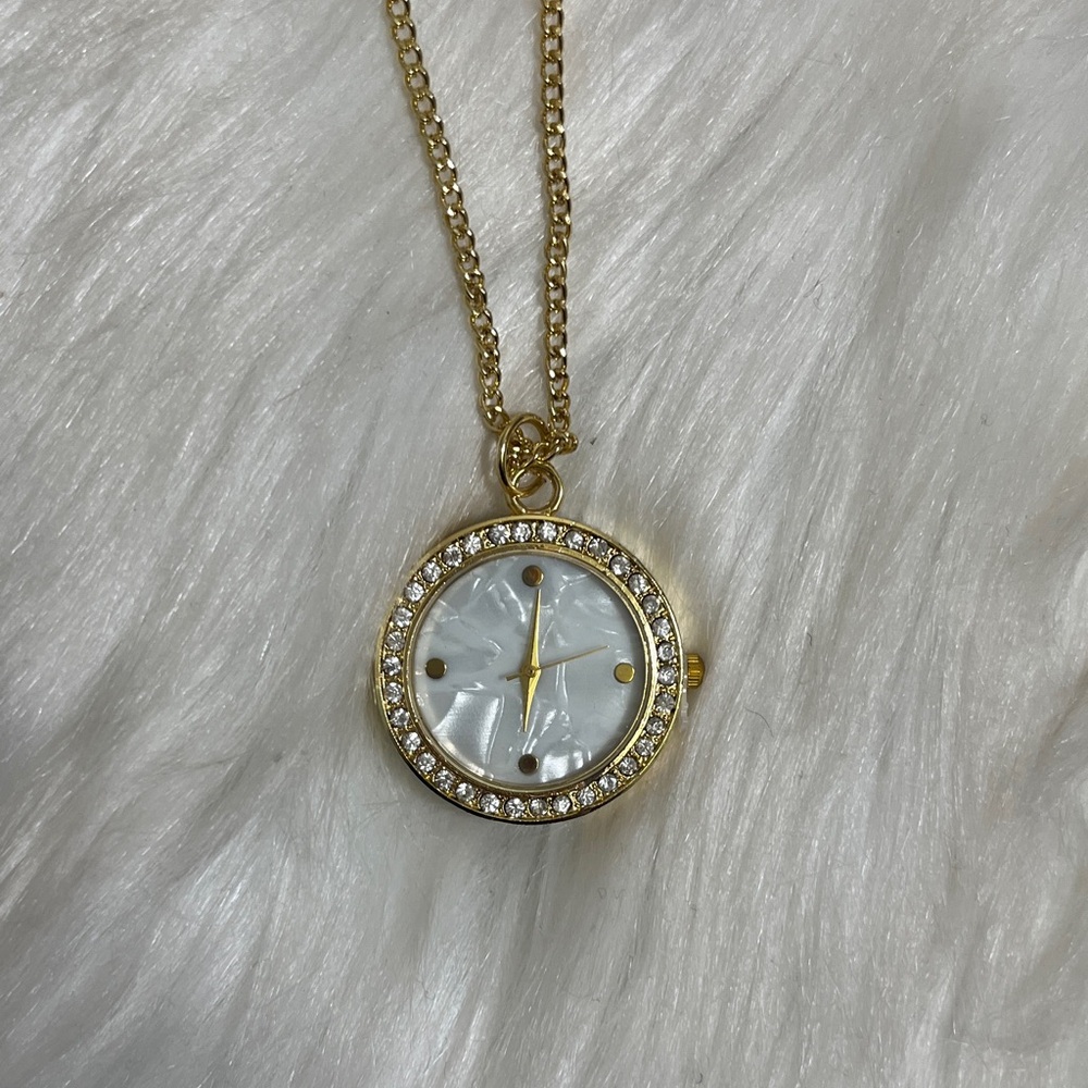 Gold Pendant Clock Necklace with Crystal Accents